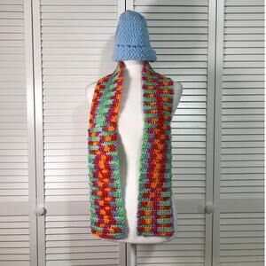 NWT Handmade Crocheted Blue Multicolor Textured Beanie & Scarf 54”